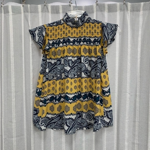 Charmed by Eve Tops - Charmed by Eve Blouse‎ Smocked High Neck Flutter Sleeve Blue Yellow Print Size M